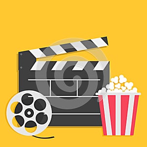 Big open clapper board Movie reel Popcorn Cinema icon set. Flat design style. Yellow background.