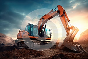 Big Orange Excavator Works on a Construction Site extreme closeup. Generative AI