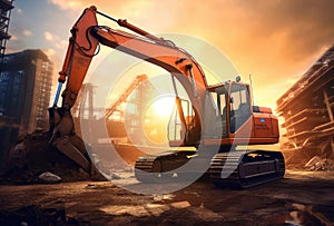 Big Orange Excavator Works on a Construction Site extreme closeup. Genertive AI