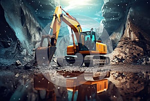 Big Orange Excavator Works on a Construction Site extreme closeup. Genertive AI