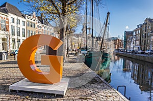 Big orange letter G in the historic center of Groningen