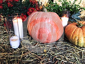 Big orange pumpkins on a pile of hay. Candles in tall glasses. Fall harvest of colorful squash. Composition with assorted raw