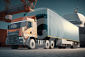 a big orange truck with a container in the port