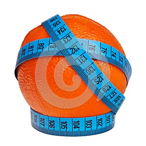 Big orange wrapped with blue measurement tape.