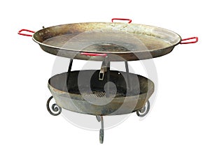 Big outdoor frying pan with fireplace isolated over white