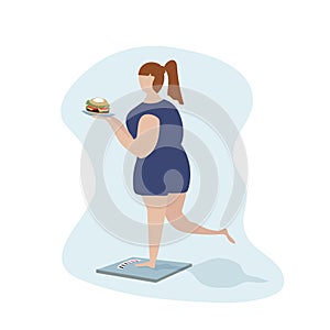 A big overweight woman stands on the scales and wants to lose weight, to become slim. She`s holding a burger plate. The concept of