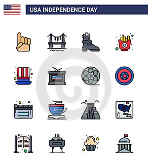 Big Pack of 16 USA Happy Independence Day USA Vector Flat Filled Lines and Editable Symbols of presidents; day; shose; chips; food