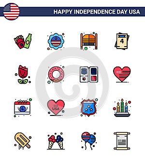 Big Pack of 16 USA Happy Independence Day USA Vector Flat Filled Lines and Editable Symbols of usa; flower; doors; wedding;