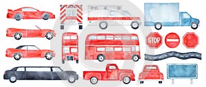 Big pack of different colorful cars, transport types and road signs: bus, delivery truck, ambulance vehicle, cabriolet, sedan.