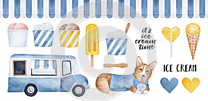 Big pack of various yummy ice cream products, funny corgi puppy character, restaurant car, striped seamless awning pattern, wooden