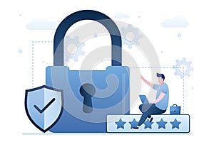 Big padlock, shield and five stars review. Male user holds laptop. Premium internet security technology. High quality protection