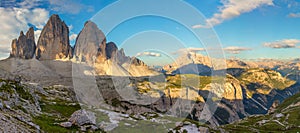Big Panorama of Famous Tre Cime di Lavaredo, Dolomites Alps, Italy, Europe photo