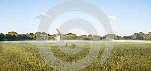 Big Panorama of a grainfield and a windmill in the morning sun with fog. Bayreuth, Germany.