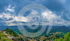 Big panorama. scenery of Cat Cat village, popular tourist trekking destination. Rice field terraces.  Mountain view in the clouds.