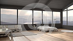 Big panoramic bedroom with windows on mountain valley, diy bed made with pallet, wooden sofa with pillows, carpet rug,