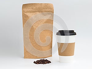 Big paper coffee cup and Craft paper bag for coffee beans with copy space for branding logo. Mockup for takeaway coffee