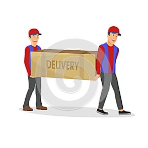 Big parcel delivery mans holding a large box isolated on white background