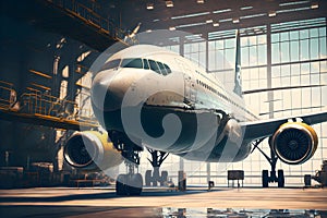 Big passenger aircraft on maintenace in airport hangar. Neural network generated art