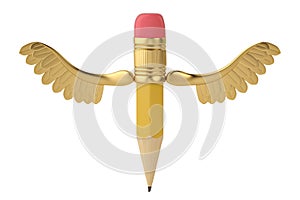 Big pencil with gold wings on white background.3D illustration.