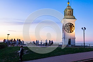 Big Petrovaradin clock tower on the right bank of Danube river