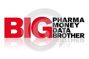 Big Pharma, Big Money, Big Data and Big Brother capital lettering