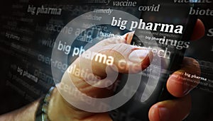 Big Pharma news titles on screen in hand with 3d illustration