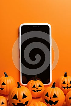 Big phone mock up blank screen on Happy Halloween pumpkins background.