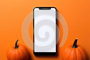 Big phone mock up blank screen on Happy Halloween pumpkins background.