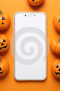 Big phone mock up blank screen on Happy Halloween pumpkins background.