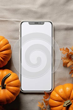 Big phone mock up blank screen on Happy Halloween pumpkins background.