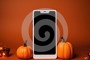 Big phone mock up blank screen on Happy Halloween pumpkins background.