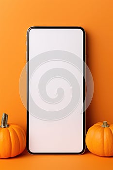 Big phone mock up blank screen on Happy Halloween pumpkins background.