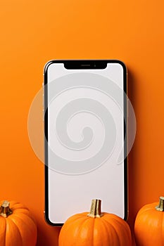 Big phone mock up blank screen on Happy Halloween pumpkins background.