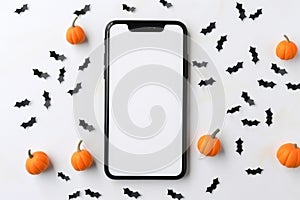 Big phone mock up blank screen on Happy Halloween pumpkins background.