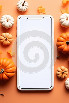 Big phone mock up blank screen on Happy Halloween pumpkins background.