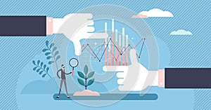 Big picture vector illustration. Statistics overview in tiny person concept