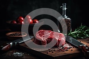 big piece of the Raw beef meat on a kitchen table with a spices and vegetables