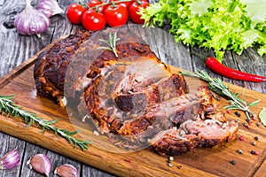 Big Piece of Slow Cooked Oven-Barbecued Pulled Pork shoulder