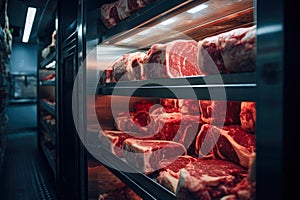 Big pieces of red raw meat in a large modern refrigeration cabinet