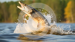 Big pike fish jump out of water with splashes. Fishing background.