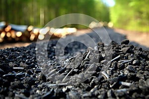 A big pile biochar in a garden. Biochar increases soil carbon to improve agricultural productivity and soil fertility