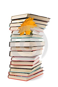 Big pile of books and autumn leaf isolated