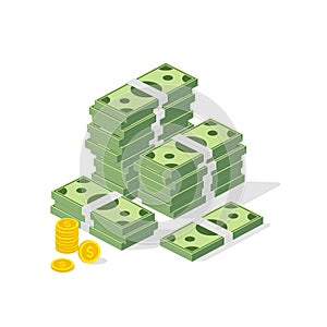 Big pile of cash. Concept of big money. Hundreds of dollars and coins. Vector isometric illustration. photo
