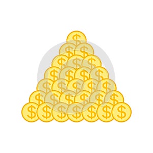 Big pile of gold coins with dollar symbols. Vector illustration.