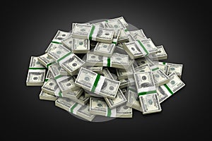 Big pile of money american dollar bills on black background 3d illustration