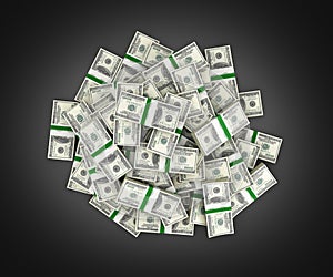 Big pile of money american dollar bills on black background 3d