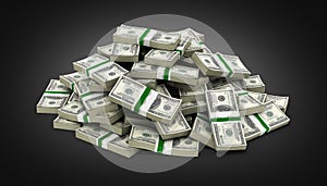 Big pile of money american dollar bills on black gradient background 3d