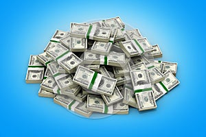 Big pile of money american dollar bills on blue background 3d illustration