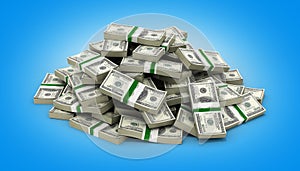 Big pile of money american dollar bills on blue gradient background 3d