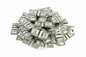 Big pile of money american dollar bills without shadow on white background 3d illustration
